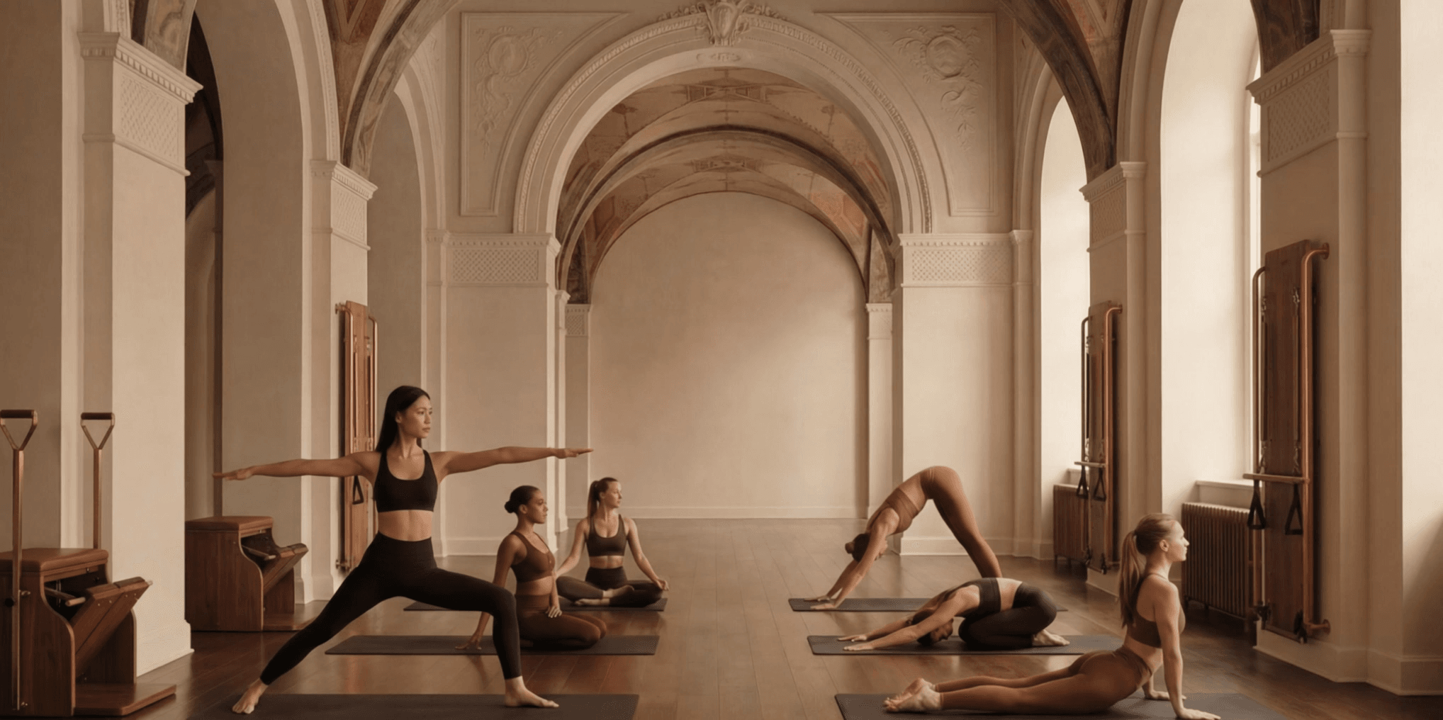 A group practising yoga in a sunlit studio